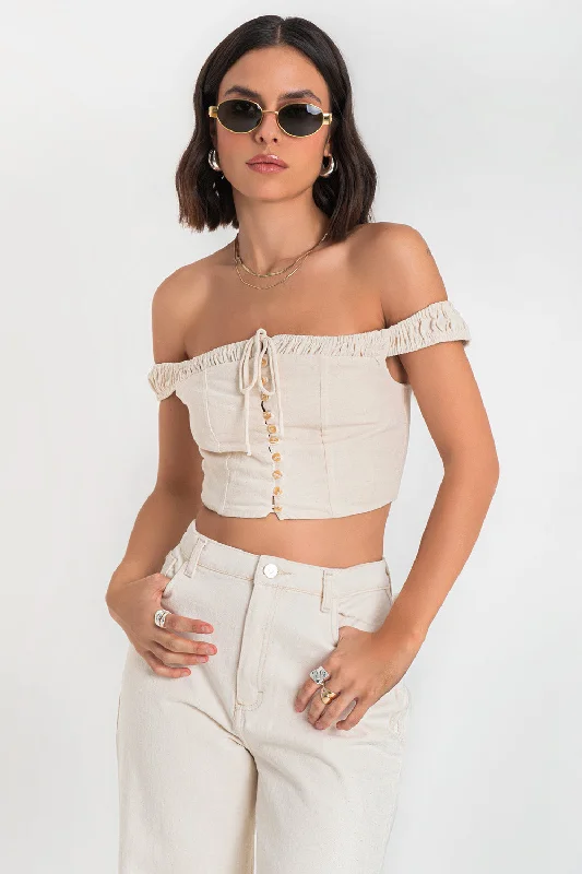 Crop top de lino hombros descubiertos Silk Blend Satin Velvet