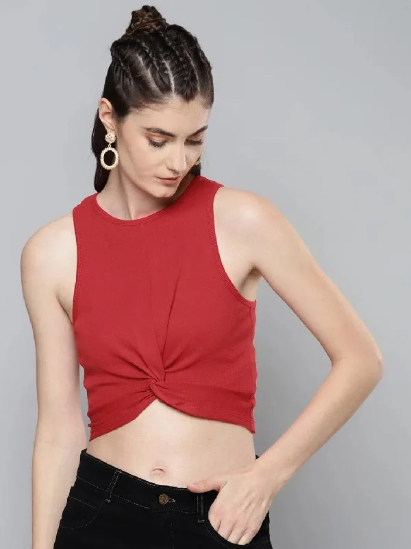 Red Front Knot Crop Top Beaded Sequined Faux Fur