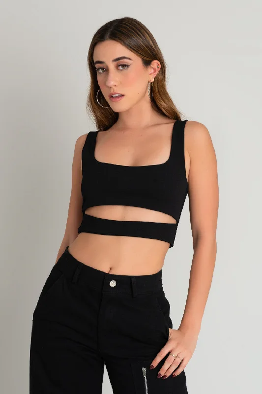 Crop top ajustado de tirantes con cut out Notch Collar Peter Pan Collar Cowl Neck