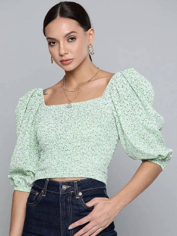 Women Green Floral Smocking Crop Top Spandex Blend Rayon Blend Denim Blend