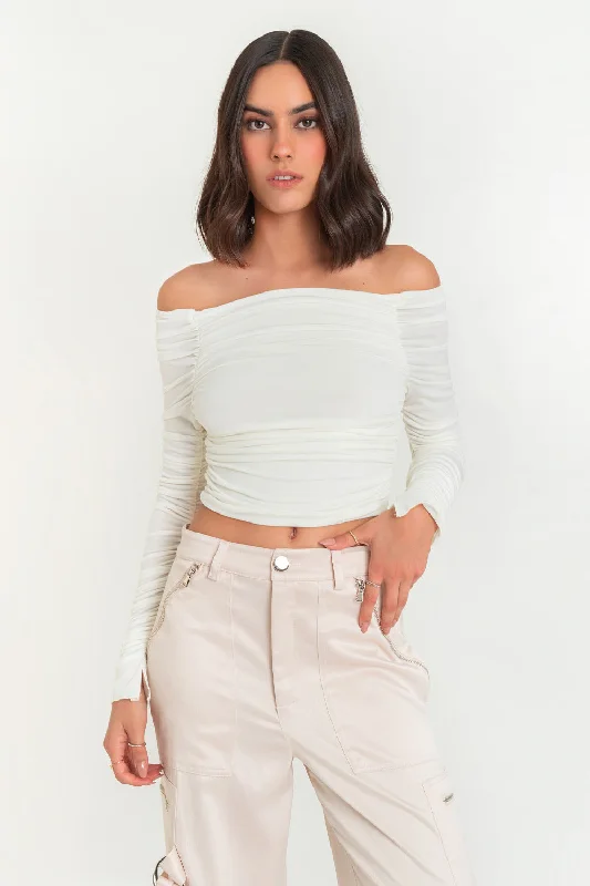 Crop top plisado manga larga con abertura Cotton Fabric Linen Fabric Terry Fabric