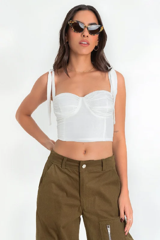 Crop top de escote corazón tirantes con nudo Mesh Canvas Denim