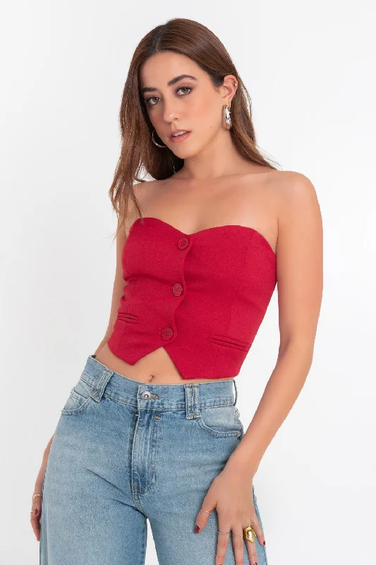 Crop top strapless ajustado con botones Jersey Fabric Tulle Fabric Batik Fabric