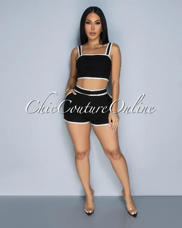 Lexley Black White Crop Top & Shorts Set Elasticated Padded Insulated