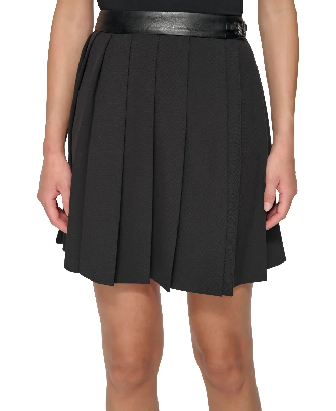 Women's Pleated Faux-Leather-Trim Mini Skirt low waist skirt