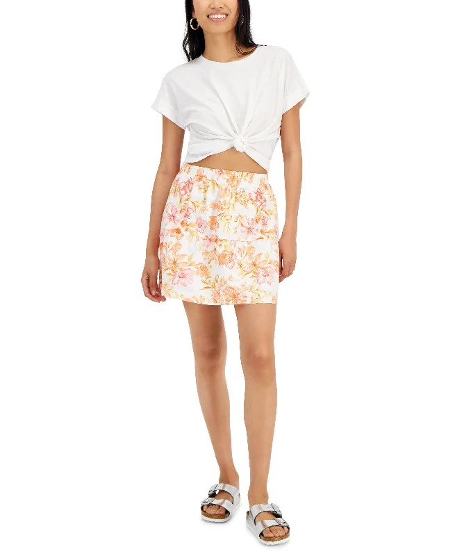 Juniors' Elasticized-Waist Poplin Tiered Mini Skirt button skirt front