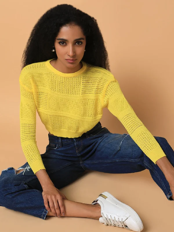 Women Solid Yellow Crochet Crop Top-SNC-1897-Yellow Mesh Blend Leather Blend Suede Blend