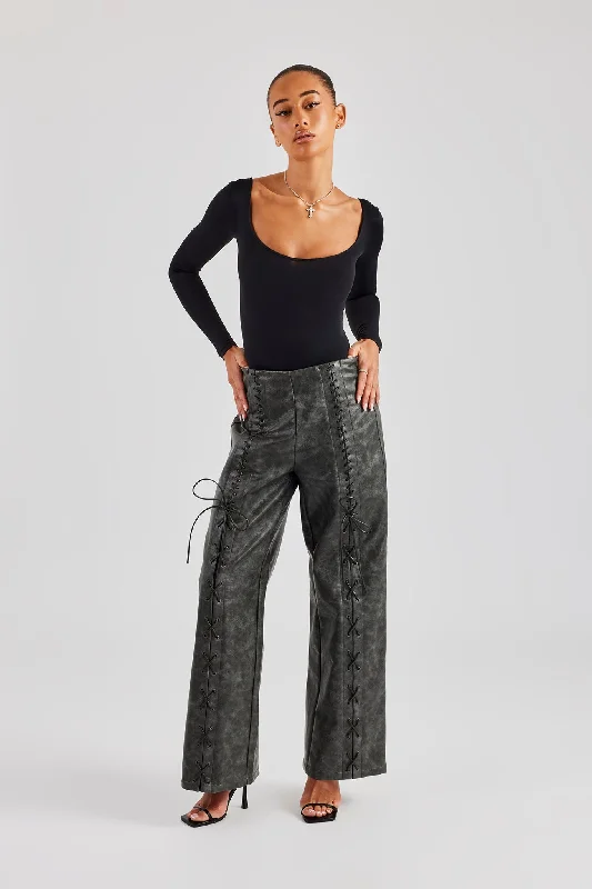 Washed PU Lace Up Detail Trouser - Charcoal Trousers Solid Black