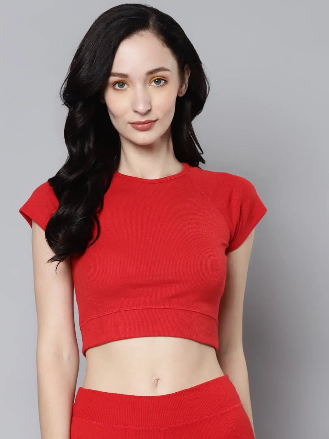 Women Red Rib Cap Sleeves ACTIVE Crop Top Mesh Fabric Canvas Fabric Denim Fabric