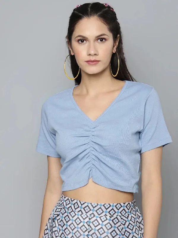 Blue Gather Detail Crop Top Silk Blend Satin Velvet