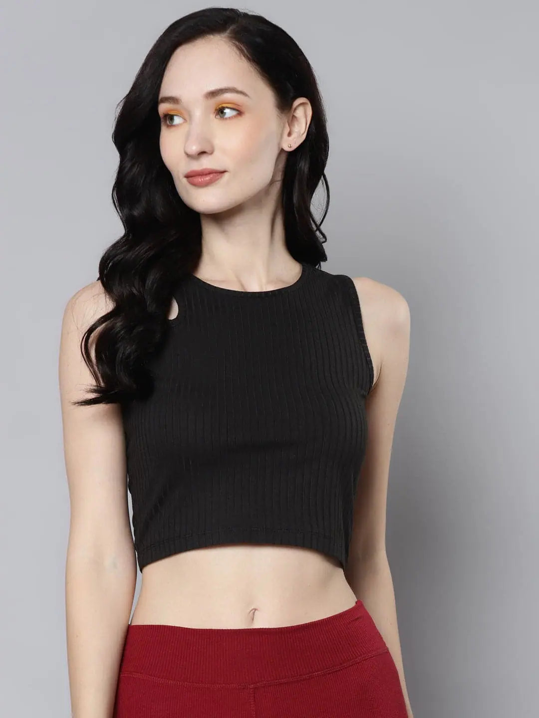 Women Charcoal Rib Shoulder Cut Out Crop Top Satin Blend Silk Blend Wool Blend