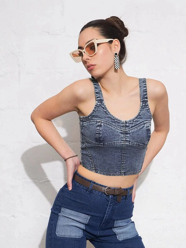 Women Blue Blast Strappy Bustier Crop Top Zippered Buttoned Snapped