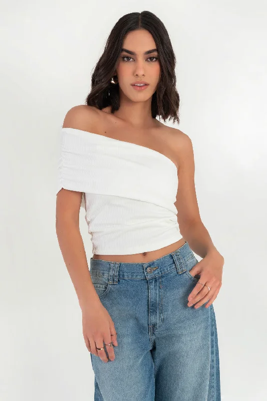 Crop top canalé asimétrico manga corta Welt Pockets Slit Pockets Flap Pockets