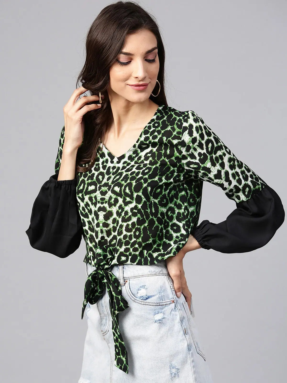 Green Animal Print Crop Top Anti-Pilling Machine Wash Handmade