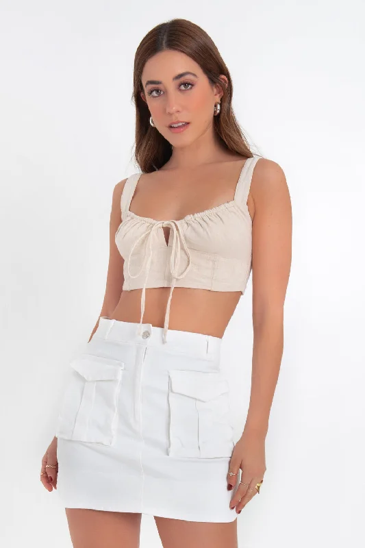 Crop top de tirantes escote plisado con jareta Nylon Fabric Polyester Fabric Spandex Fabric