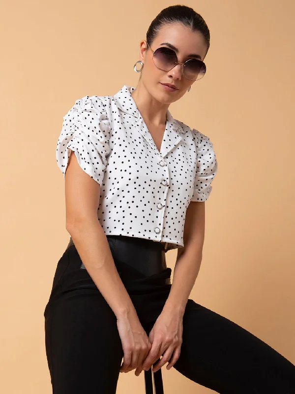 Women Polka Dots White Blouson Crop Top-AE-10676-White Lace Blend Ribbed Blend Corduroy Blend