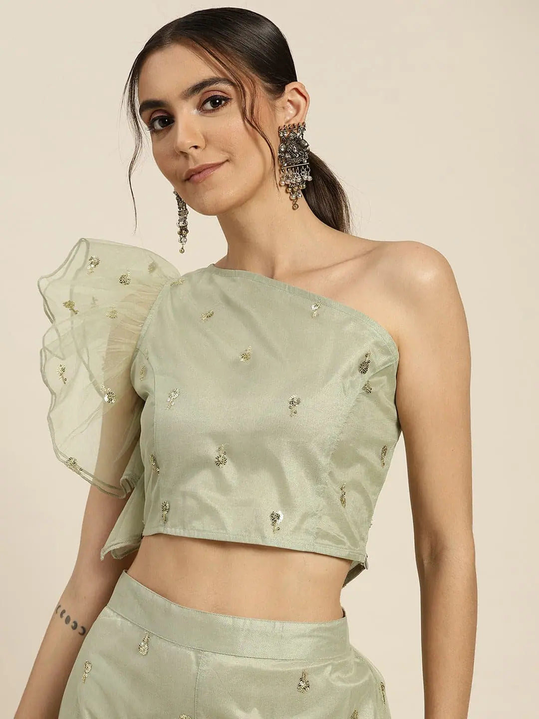 Women Olive Tulle Sequins One Shoulder Crop Top Summer Crop Top Casual Short Sleeve