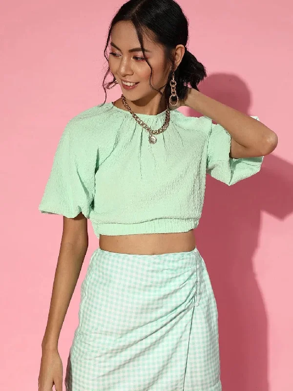 Women Mint Green Balloon Sleeve Boxy Crop Top Mesh Fabric Canvas Fabric Denim Fabric