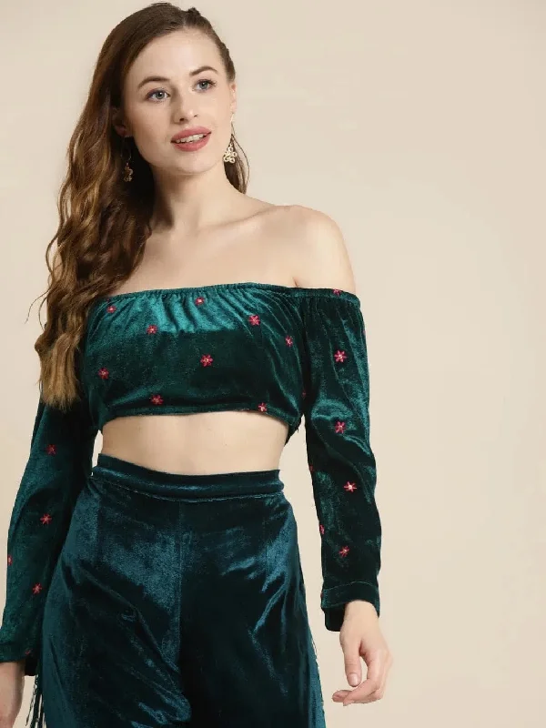 Teal Off Shoulder Velvet Embroidered Crop Top Rayon Velvet Corduroy