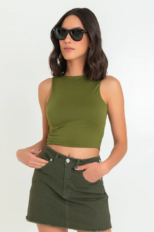 Crop top básico de cuello redondo Front Pockets Side Pockets Patch Pockets