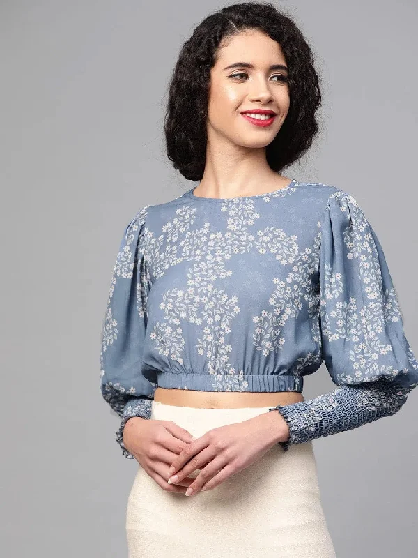 Dark Blue Floral Smocking Sleeve Crop Top Machine Wash Dry Clean Hand Wash