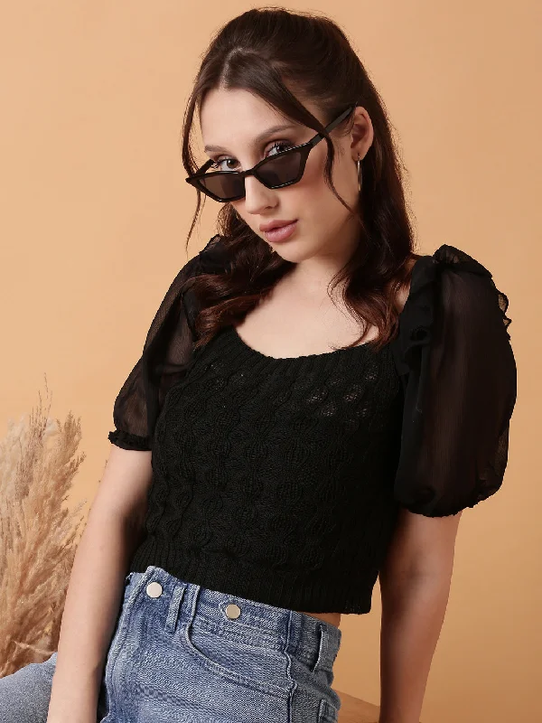 Women Black Solid Crochet Crop Top-OC-8666-2-Black Hooded Caped Shawl Collar