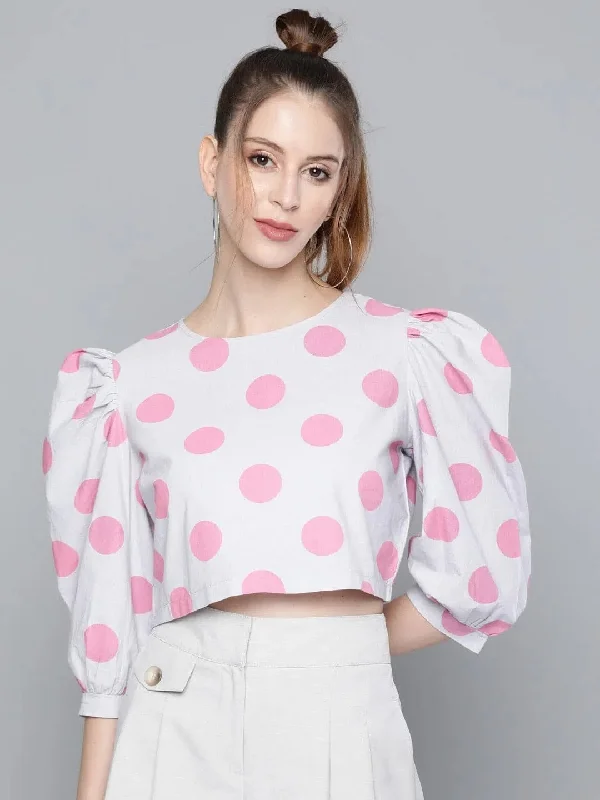 Pink & Grey Polka Puff Sleeve Crop Top Asymmetrical Pockets Print