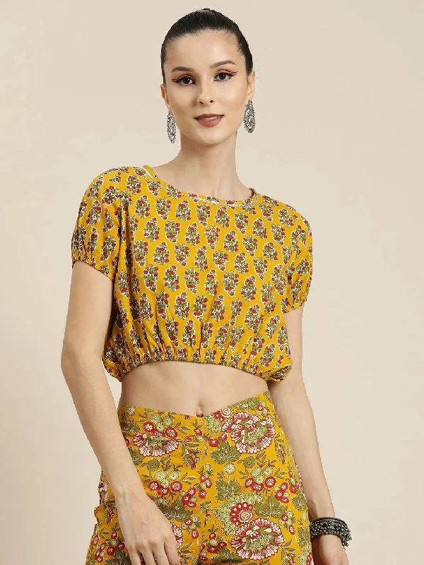 Women Mustard Booti Floral Crop Top Hooded Caped Shawl Collar