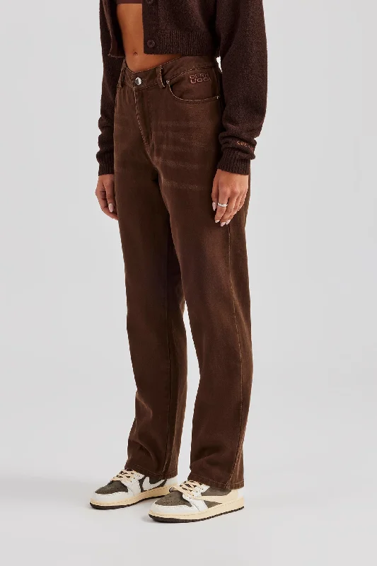 Twill Embroidered Trouser- Chocolate Trousers Plaid Checkered