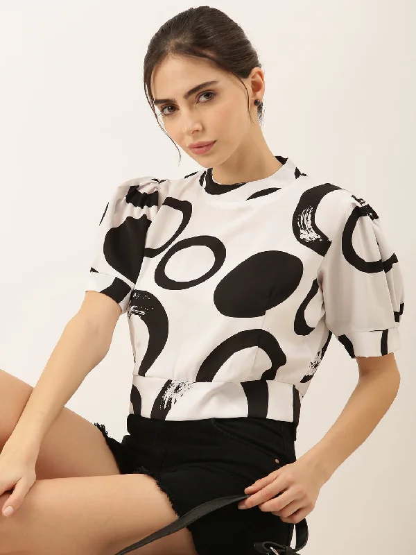 Women Geometric White Crop Top-AE-10295-Whiteblack Layered Multi-layer Single Layer