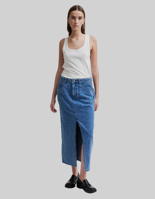 Angola Denim Skirt in Blue Denim button skirt front