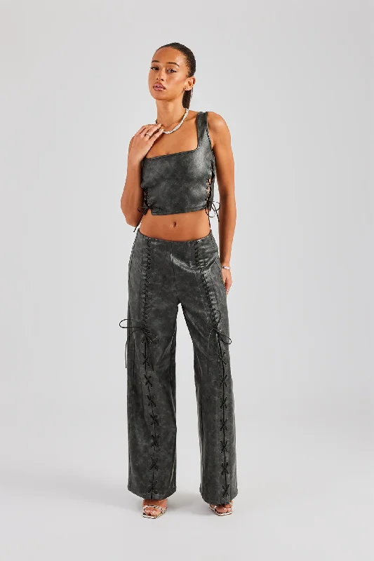 Washed PU Square Neck Top & Lace Up Trouser - Charcoal Trousers Velvet Soft