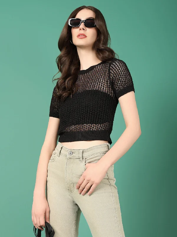 Women Black Solid Crochet Crop Top-BEC-91039-Black Thin Crop Top Open Front Quick Dry