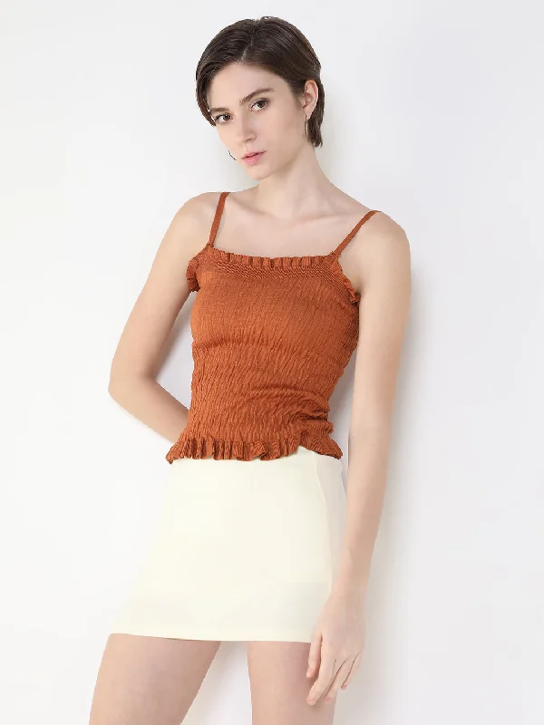 Women Solid Brown Fitted Crop Top-ANX-26-Brown Chenille Brocade Lace