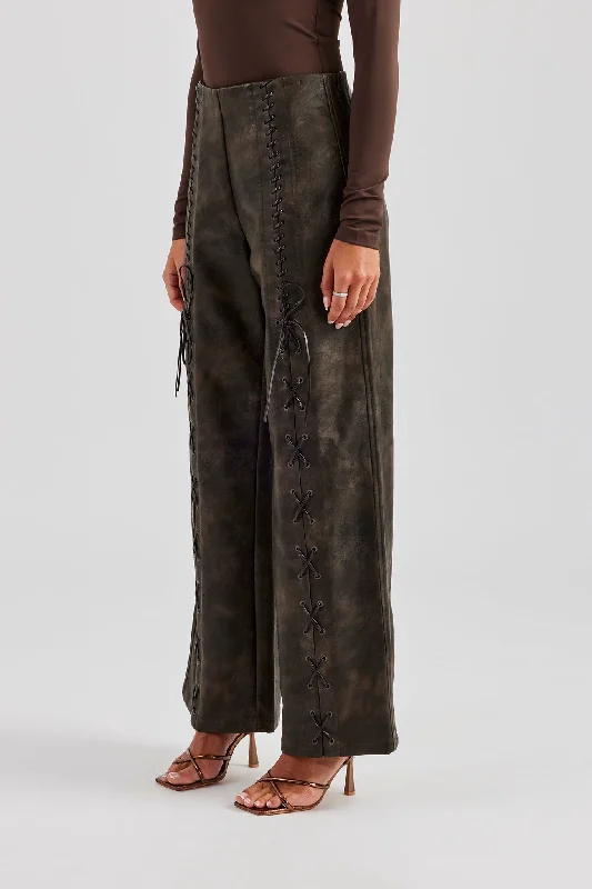 Washed PU Lace Up Detail Trouser - Brown Trousers Print Floral