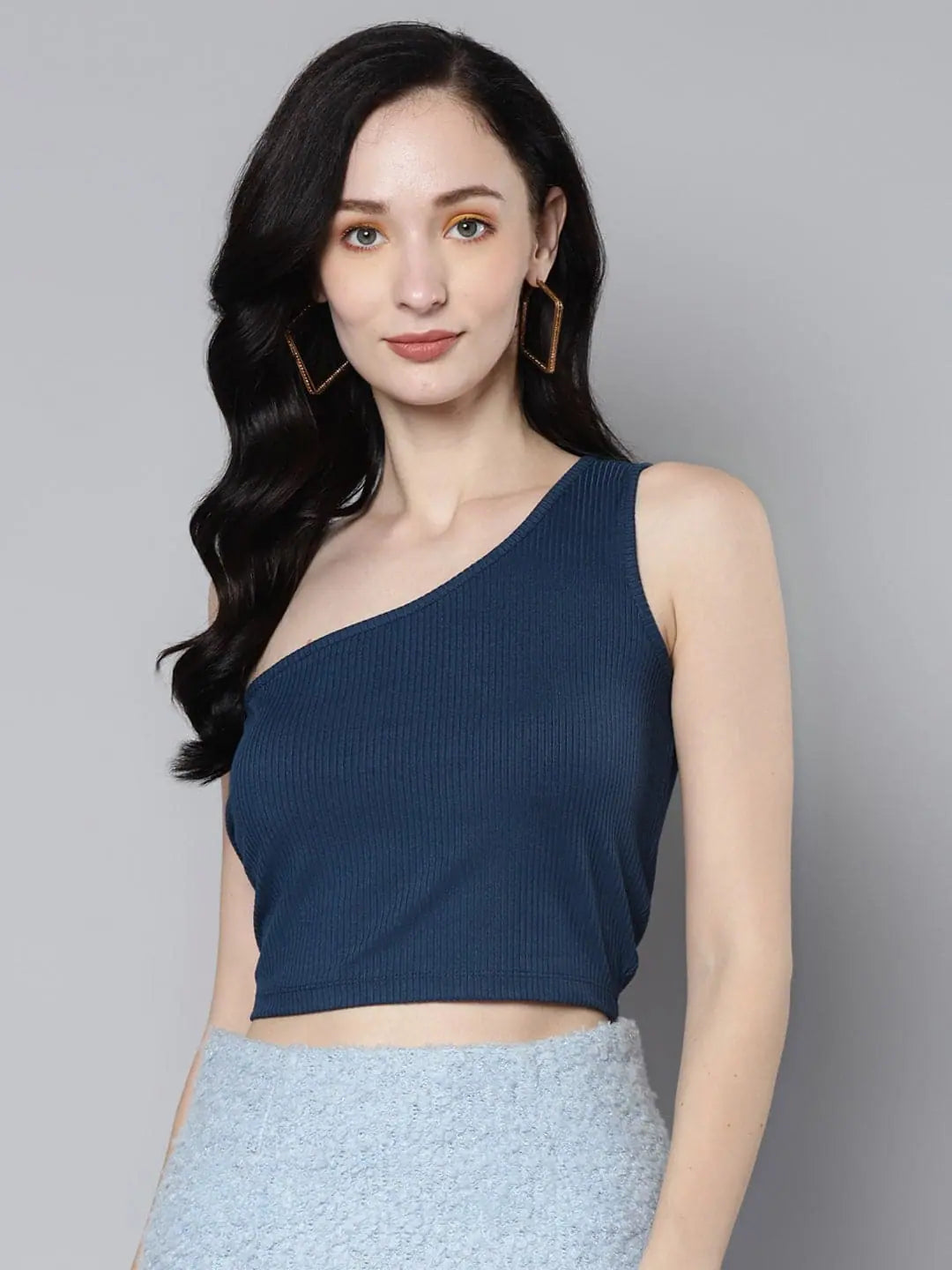 Women Blue Rib One Shoulder Crop Top Zippered Front Buttoned Front Snap Front