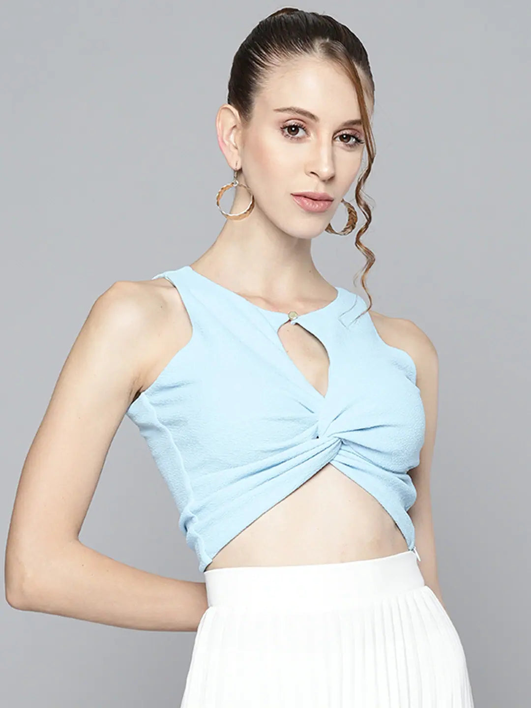 Women Blue Front Keyhole Twisted Crop Top Machine Wash Dry Clean Hand Wash