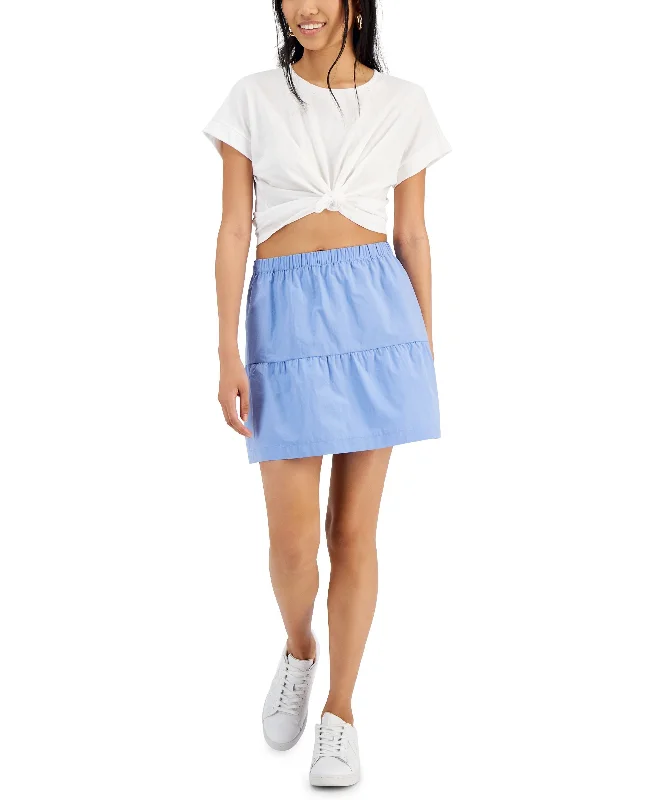 Juniors' Elasticized-Waist Poplin Tiered Mini Skirt zip skirt side