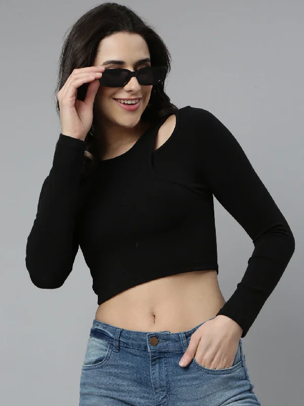 Women Solid Black Crop Top-CHN-503-Black Satin Fabric Silk Fabric Chiffon Fabric