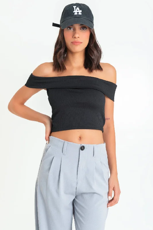 Crop top canalé ajustado de hombros descubiertos Collared Crew Neck Turtle Neck