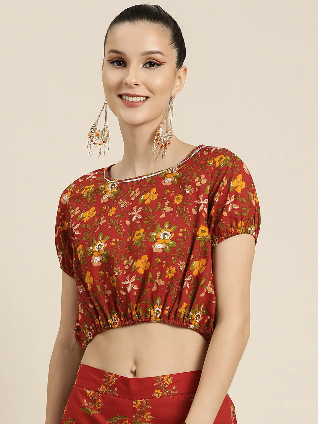 Women Rust All Over Floral Crop Top Crop Top Seamless Stretchy