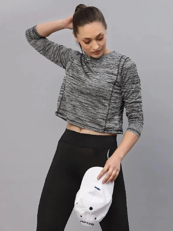 Rigo Grey Self Texture Round Neck Full Sleeve Activewear Crop Top Rayon Velvet Corduroy