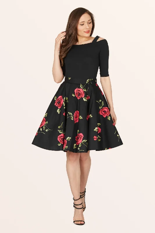 Vintage Floral Swing Skirt - Black Red Roses midi skirt versatile