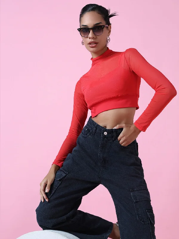 Women Red Solid Sheer Crop Top-AR-889-Red Summer Crop Top Casual Short Sleeve