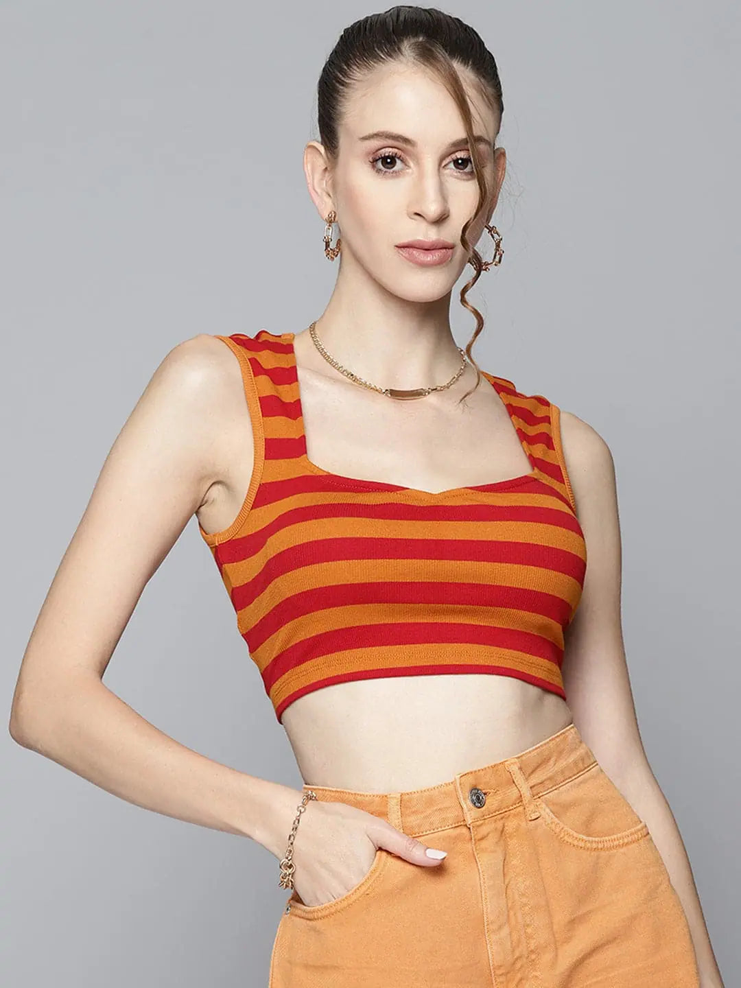 Women Rust & Red Rib Sweetheart Neck Crop Top Welt Pockets Slit Pockets Flap Pockets