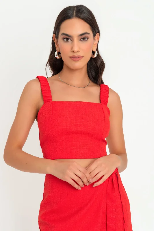 Crop top ajustado con tirantes plisados Collared Crop Top Boat Neck A-Line