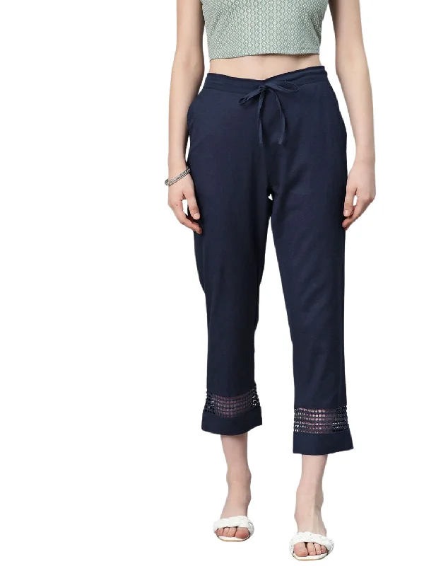 Navy blue Cotton Trouser with Pockets Trousers Low Rise Relaxed