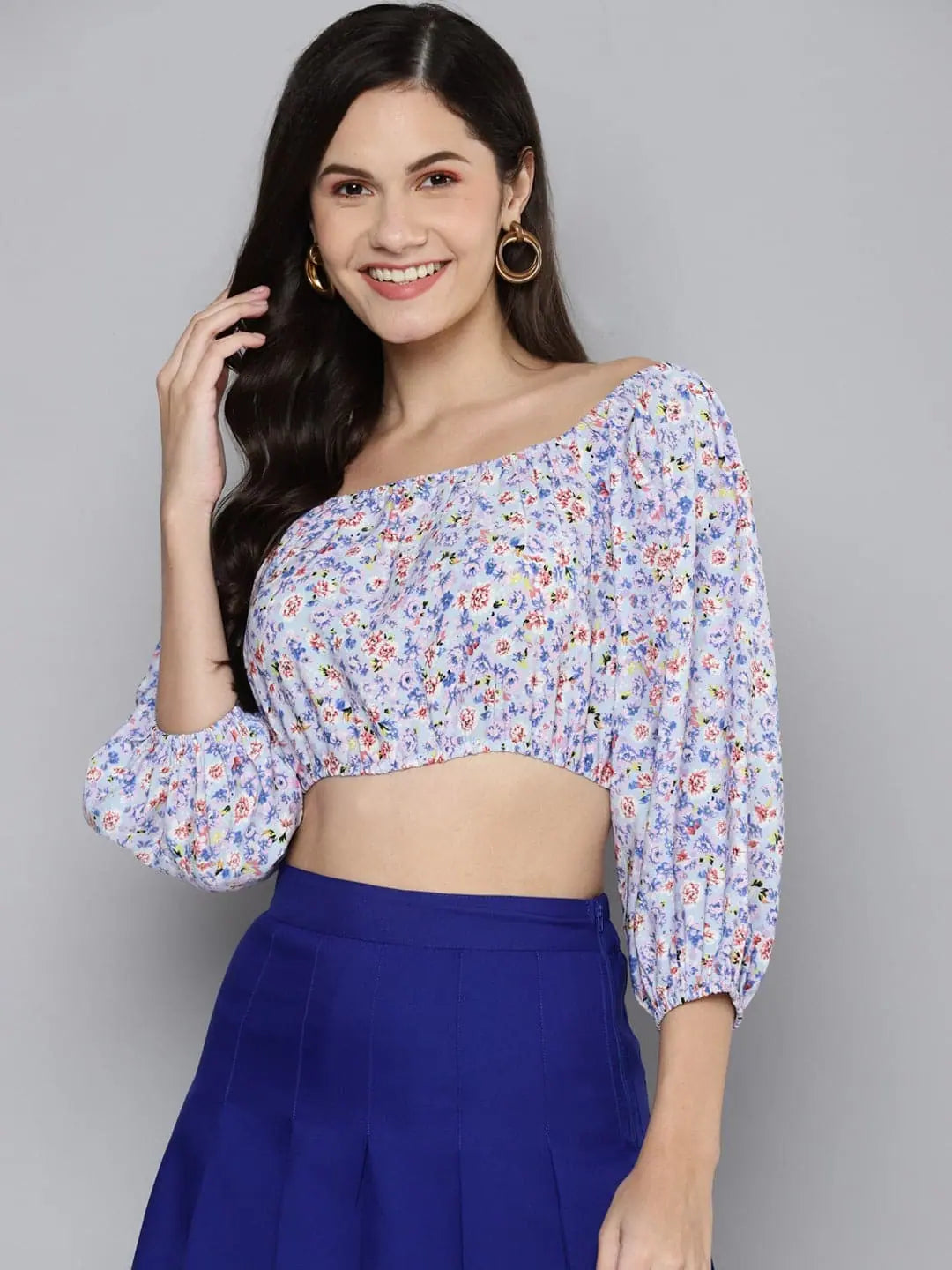 Women Blue Ditsy Floral Off Shoulder Crop Top Iron Safe Non-Iron Wrinkle Free