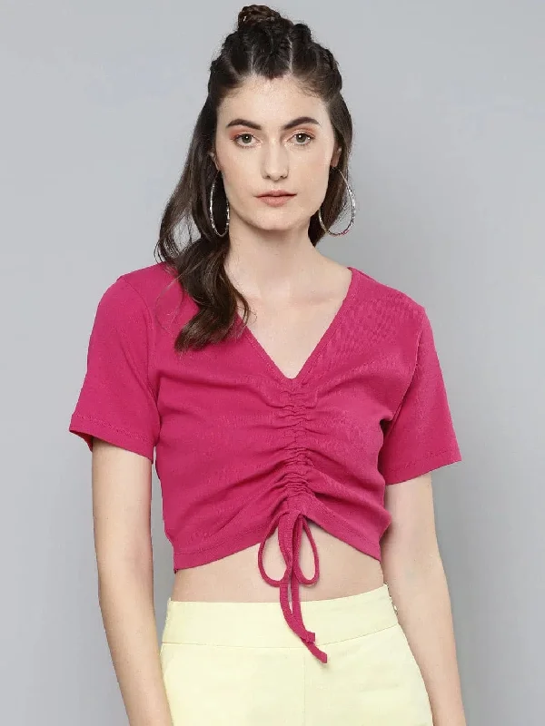 Fuchsia Rouched Crop Top Mesh Blend Leather Blend Suede Blend