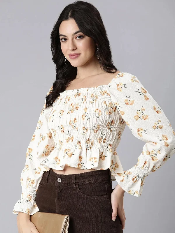 Women Floral Peplum Mustard Crop Top-680-1-Mustard Solid Print Embellished